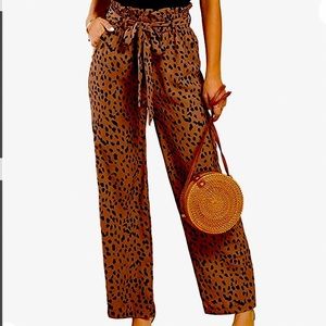 Womens High Waisted Leopard Print Palazzo Pants Size L